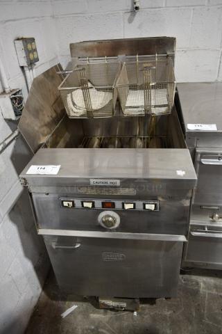 Keating 20 BS Stainless Steel Commercial Floor Style Natural Gas Powered Deep Fat Fryer w/ 2 Metal Fry Baskets. 130,000 BTU.