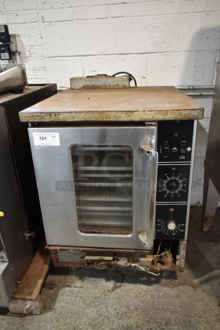 Stainless Steel Commercial Natural Gas Powered Half Size Convection Oven w/ View Through Door, Metal Oven Racks, and Thermostatic Controls.