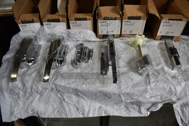 6 BRAND NEW SCRATCH AND DENT! Items Including Kason® 56 SafeGuard® Latch Body (Light Spring, Brushed Chrome) 507056L06021, Kason® 56 SafeGuard® Latch (Light Spring, Polished Chrome) 507056L05020, Kason® 10218000008 5 3/4" x 1 1/8" Spring-Assisted Edge Mount Door Hinge with 1 1/8" Offset AP263382, Kason® 10171000004 11 1/2" Magnetic Door Latch with Strike - Edge Mount AP221079, Kason® 27C Quarter Turn Inside Release (Strike with 4" Inside Release, Chrome) 50702700040C, Kason® 11247000002 6 3/8" x 1 1/8" Reversible Cam Lift Door Hinge with Adjustable Offset 117261579. 6 Times Your Bid! - Image 1 of 13