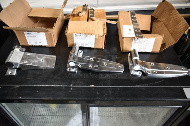 3 BRAND NEW SCRATCH AND DENT! Items Including Kason® 1256 Pacesetter Hinge (Textured Panel, Brushed Chrome), Kason® 11248000016 10 1/8" x 5 21/32" Reversible Spring-Assisted Cam Lift Hinge with 1 1/8" Offset, Kason® 1245 Reversible Cam-Rise Door Hinge (Polished Chrome, Flush Mount), 10 1/16" x 5 1/2". 3 Times Your Bid! - Image 1 of 7