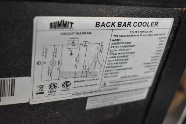 Summit back bar cooler label detailing circuit diagram, model number SCR700, voltage, capacity, and compliance markings.