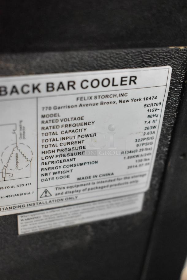 Label on a Felix Storch Back Bar Cooler, model SCR700, 115V, 7.4 ft³ capacity, R134a refrigerant. Made in China.