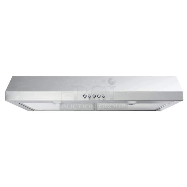 Stainless steel range hood with control buttons, dual filters, and built-in lights. New condition.