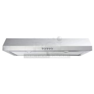 Stainless steel range hood with control buttons, dual filters, and built-in lights. New condition.