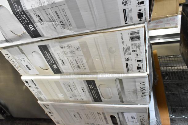 Boxes of Vissani 30-inch stainless steel under-cabinet range hoods. Features LED lighting and ducted installation.