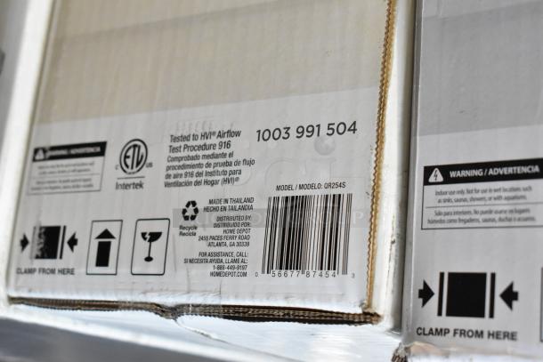Box with HVI Airflow certification, model QR254S, Home Depot distributor, made in Thailand. Barcode and warning label visible.