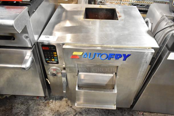 AutoFry commercial fryer, stainless steel, front loading design, digital controls, with visible wear, safety handle.