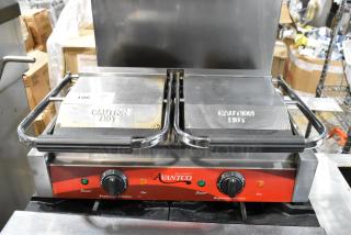 Avantco double panini grill, stainless steel, with "Caution Hot" labels, temperature controls, and power indicators.