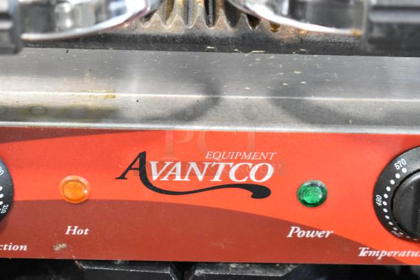 Avantco equipment, close-up view of control panel with temperature dial, hot and power indicators.