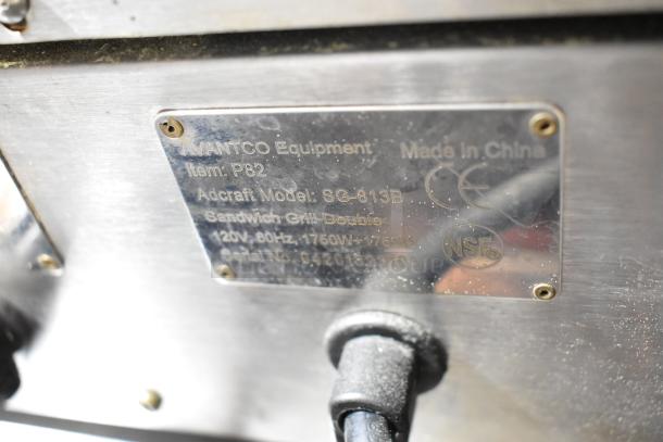 Avantco equipment sandwich grill, model SG-813B, 120V, 1750W, double grill, made in China, NSF certified.