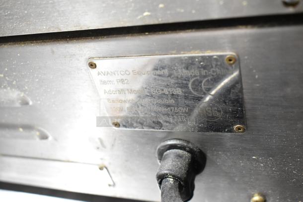 Metal label on a sandwich grill. Reads: Avantco Equipment, Adcraft Model SG-813B, 220V, 1750W, NSF certified, made in China.