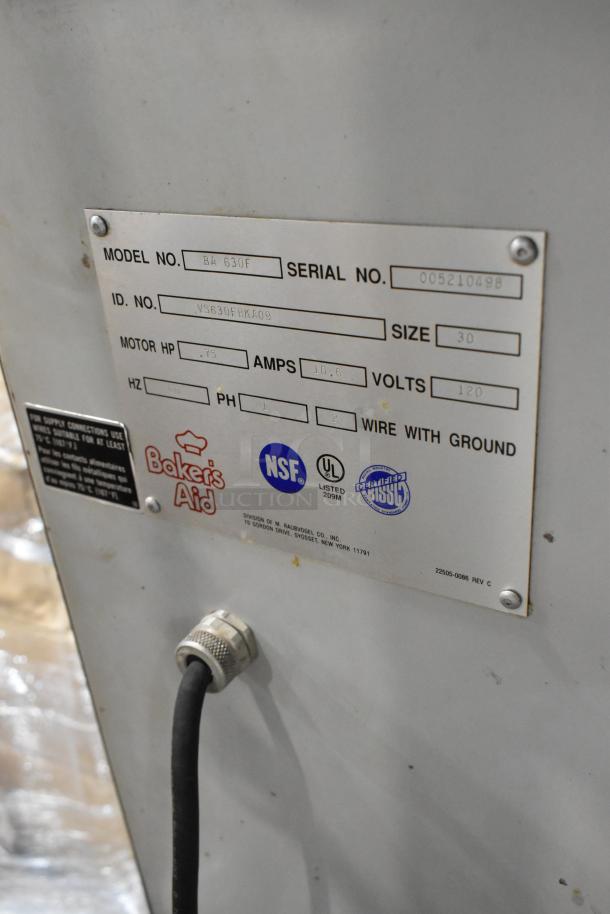 Baker's Aid model BA 630F label, 30-quart size, 0.75 HP, 10.6 amps, 120 volts. NSF, UL listed. Serial: 005210498.