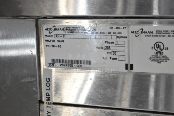 Alto-Shaam model AR-7T cooking appliance label, showing watts 9420, volts 208, UL listed, serial number 2892605-000.