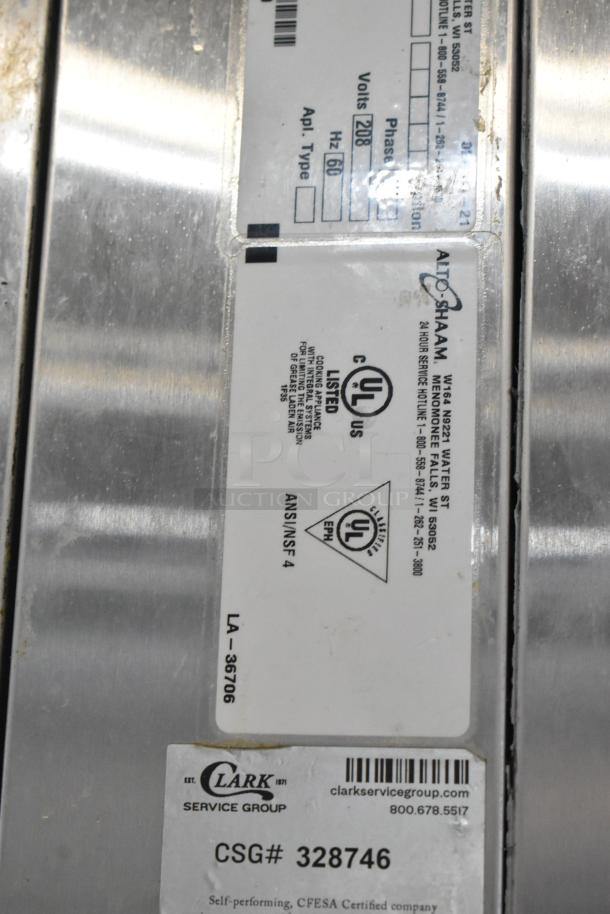 Alto-Shaam appliance label showing UL certification, 208 volts, and serial number LA-36706, serviced by Clark Service Group.
