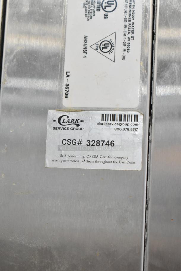 Metallic equipment with UL certification label and Clark Service Group sticker, CSG# 328746, for commercial kitchens.