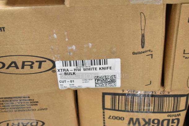 Box of extra heavy-duty white knives in bulk, brand Guildware, labeled CUT-01, photographed with packing details.