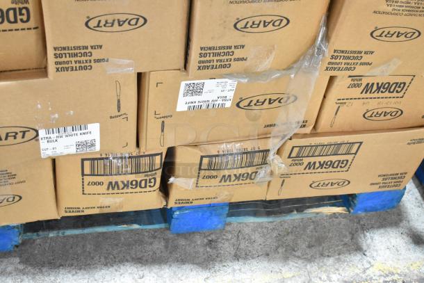 Boxes of Dart disposable white knives, bulk packaging, labeled "XTRA-HW WHITE KNIFE." Pallet wrapped in plastic.