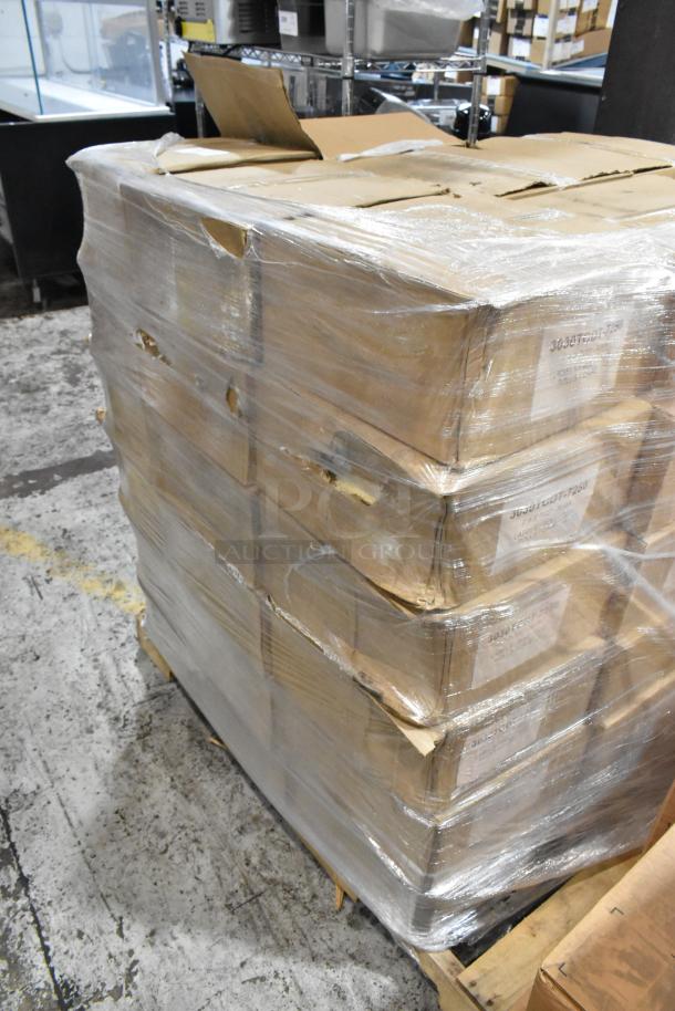 Pallet of cardboard boxes shrink-wrapped, labeled "3033TFD12" indicating the contents. Boxes appear sealed and intact.