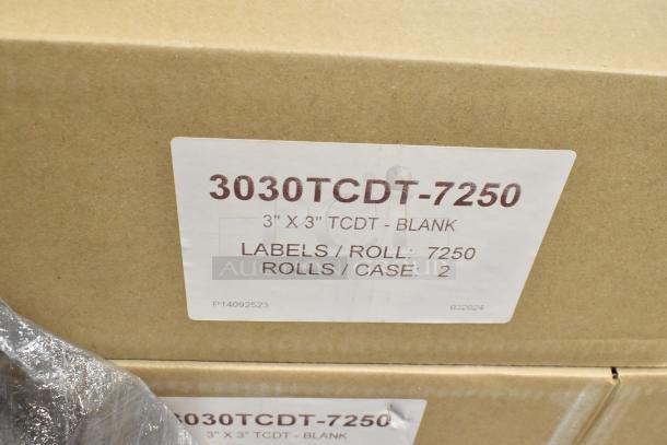 Box of 3" x 3" TCDT labels, model 3030TCDT-7250, 7250 labels per roll, 2 rolls per case.
