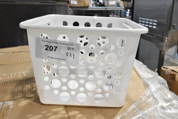 White plastic storage basket with circular cutouts, lightly worn condition. Auction label indicates lot 207, quantity 3.