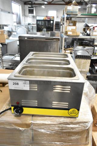Commercial food warmer with three stainless steel compartments, "Qualite" branding, auction tag indicating lot 208.