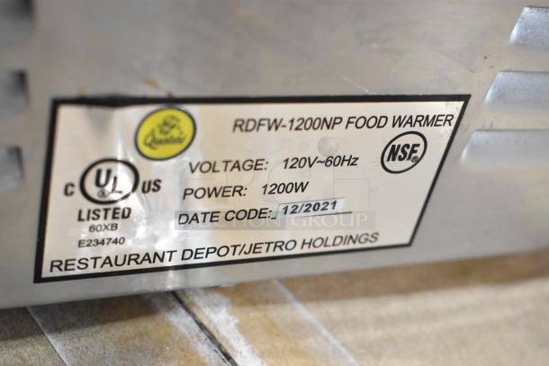 RDFW-1200NP food warmer label showing 120V, 1200W, NSF certified, made by Restaurant Depot/Jetro Holdings, date code 12/2021.
