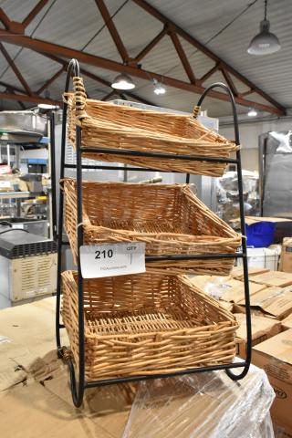 Three-tier wicker display rack with metal frame, item tag marked "210." Ideal for storage or retail use. Good condition.