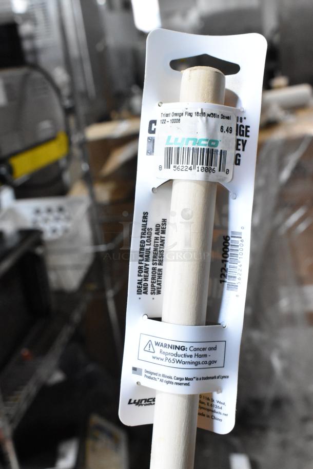 Lynco 10x18 inch orange flag with wooden dowel. Tag indicates ideal for flatbed trailers, priced $6.49. Warning label included.