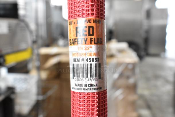 Red safety flag on 32" wooden dowel, 18"x18" PVC mesh, item #45053, made in China, by Punita Group Inc.