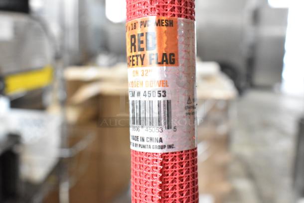 Red safety flag on 32" wooden dowel, PVC mesh, item #45053, made in China by Punita Group Inc.