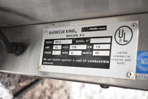 Barbecue King Model PH-2 label showing 115V, 1.6 KW, UL listed commercial cooking appliance, Mauldin, SC.