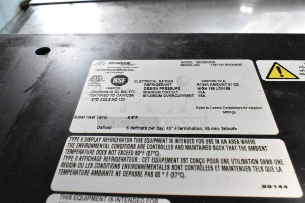 Display refrigerator label showing model SBZ6652DR, serial 1351121. Rated 220/1/60 12A. Conforms to UL and NSF standards.