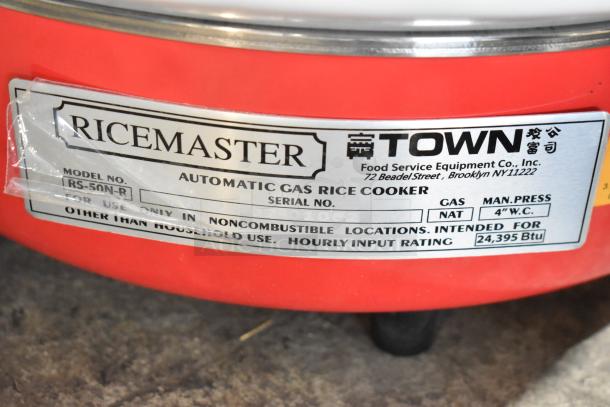 Red Ricemaster automatic gas rice cooker, model RS-50N-B, for noncombustible locations. Hourly input rating 24,395 BTU.