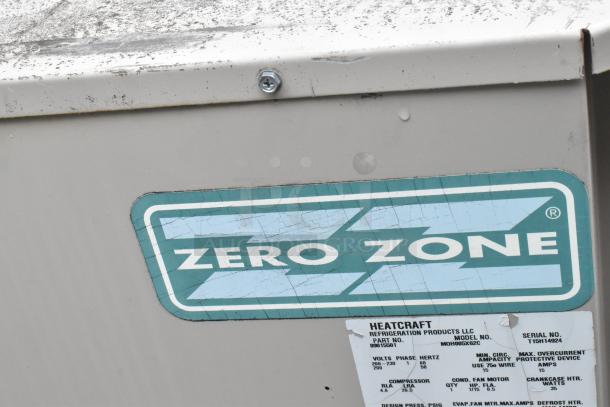Zero Zone refrigeration unit with visible logo and Heatcraft label, part No. 8901507, serial No. T15H14924, details voltage and model.