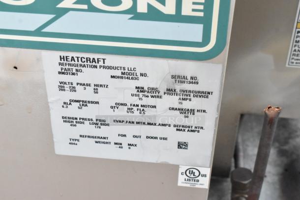 Heatcraft condensing unit label, model MOH014L63C, serial T15H13449, UL listed, voltage 200-230V, refrigerant type 404a.