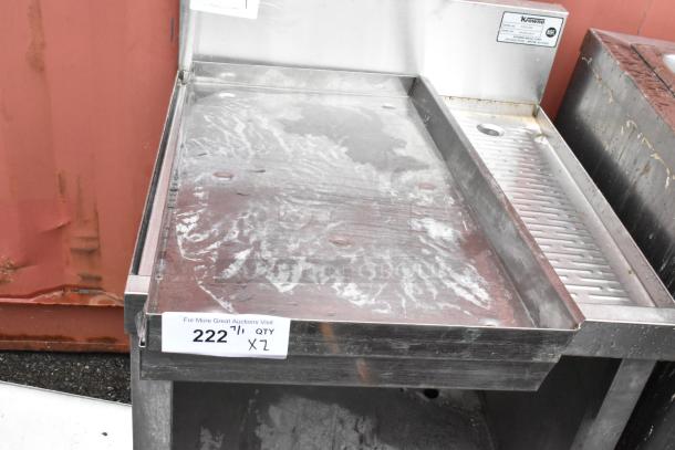 Krowne stainless steel commercial griddle with side drip tray. Visible wear and rust. Tag indicates auction lot number 222.