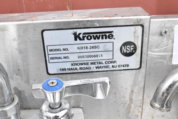 Krowne commercial faucet, model KR18-24SC, serial 06030006011. Stainless steel with NSF certification, used condition.