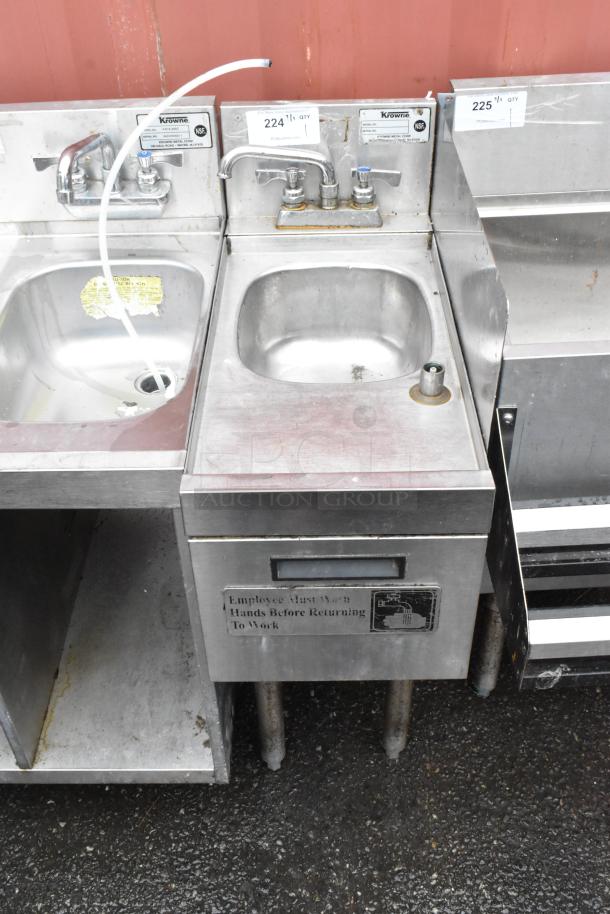 Stainless steel hand sink with dual faucets, NSF certified by Krowne, labeled "Employee Must Wash Hands" in used condition.