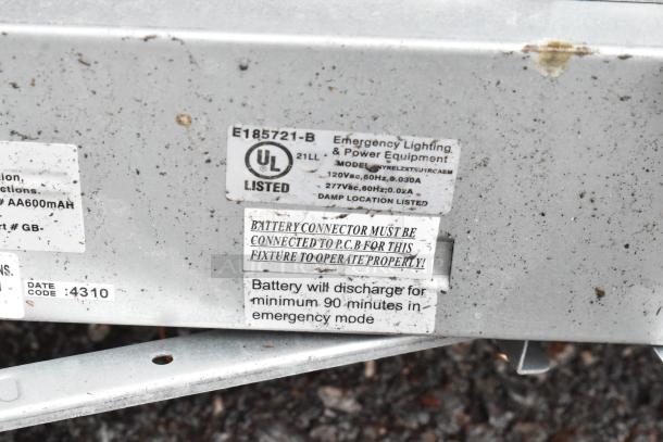 UL listed emergency lighting equipment label, Model: WRELZXTEUJRC5AEM, damp location listed, requires battery connector.