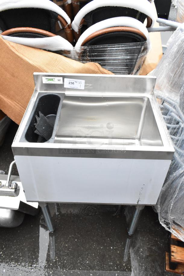 Stainless steel ice bin with backsplash and bottle holders, Regency brand, NSF certified, auction tag indicating item number 236.