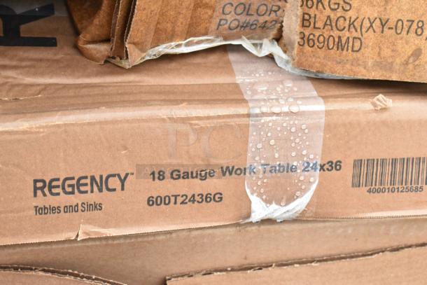 Regency 18 Gauge Work Table, 24x36 inches, model 600T2436G, in original packaging, visible barcode and product label.