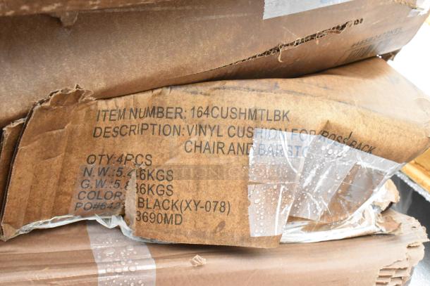 Cardboard box labeled with item number 164CUSHMTLBK, containing four vinyl cushions for chair and barstool, color black, weight details.