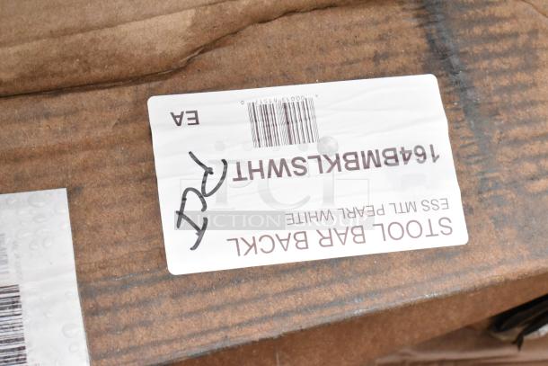 Label on cardboard box reading "STOOL BAR BACK," model "16ABMKLSWHT," color "Pearl White," with barcode and handwritten note.