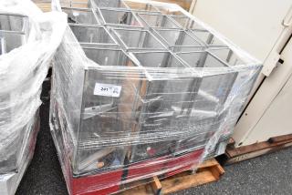 Pallet of glass display cases, wrapped in plastic. Label indicates lot 241, quantity of 16. Good condition.