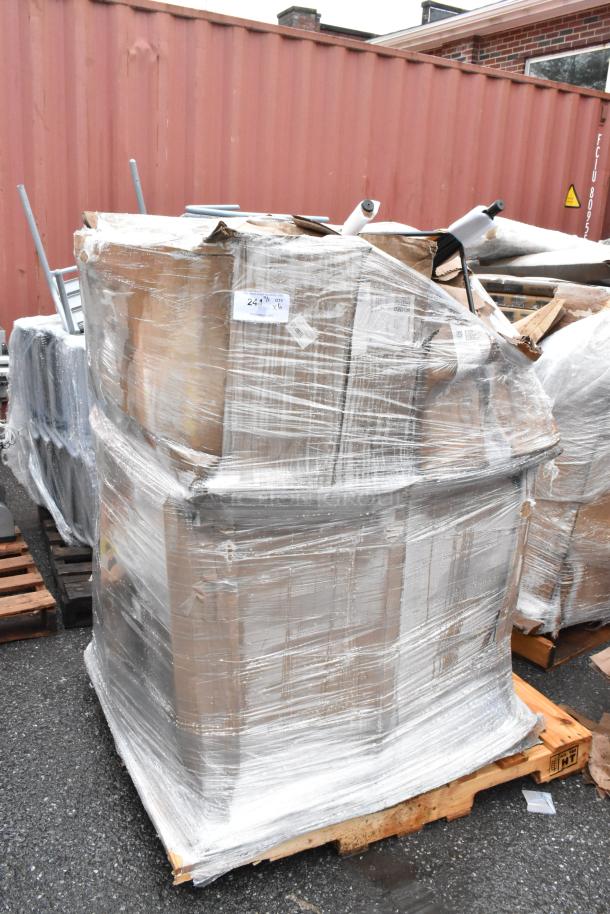 Pallet of boxed goods wrapped in clear plastic, labeled "244" and "Qty X6," on a wooden pallet, outdoors near a shipping container.