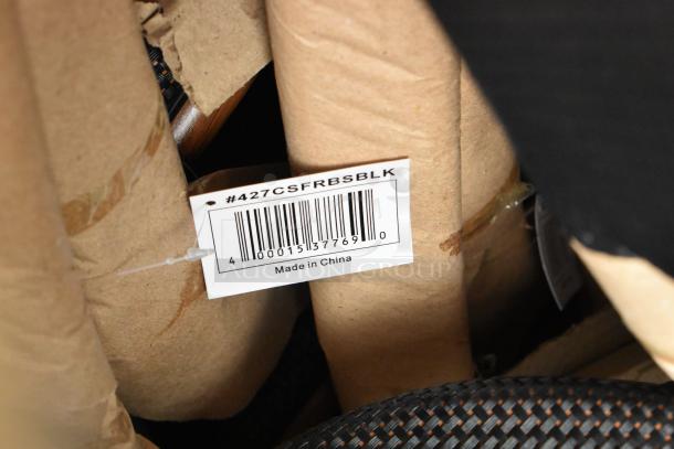 Barcode label with the code "#427CSFRBSBLK," marked "Made in China," attached to brown packaged item.