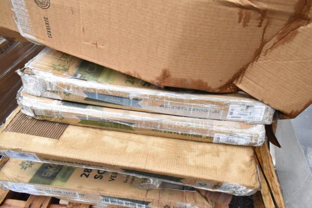 Damaged cardboard boxes containing 28" square table tops. Labels show model BK303A1, visible water stains and wear.