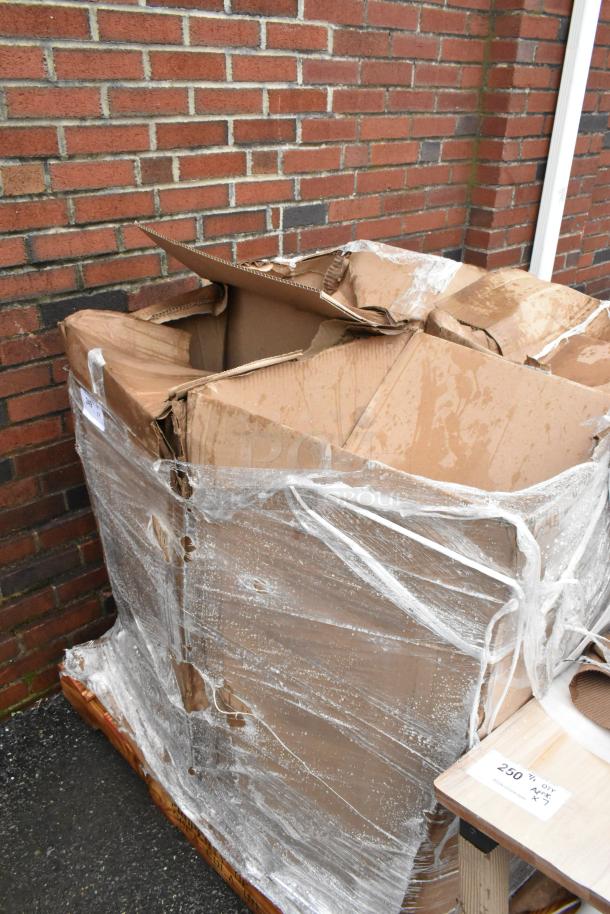 Large damaged cardboard box on wooden pallet, wrapped in torn plastic. Auction label reads "250 lbs." indicating weight.