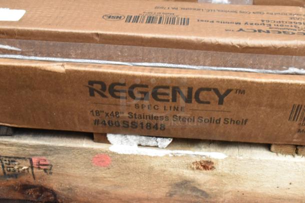 Regency stainless steel solid shelf, 18"x48", model #460SS1848, in original packaging, new condition.