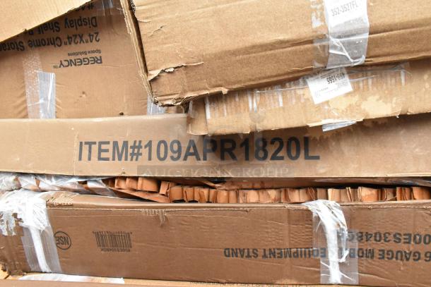 Cardboard boxes with visible item number 109APR1820L and labels. Boxes show signs of wear and damage.